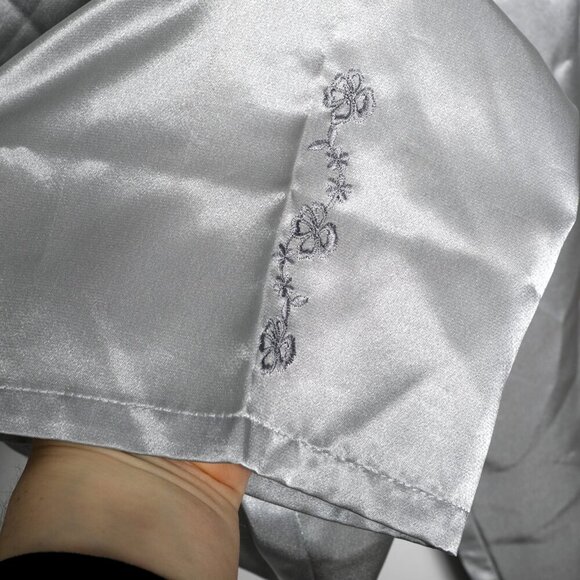 Vintage Satin Lounge Pajama Pants Silver Grey Silky Embroidered Floral Casual XL - Picture 5 of 7
